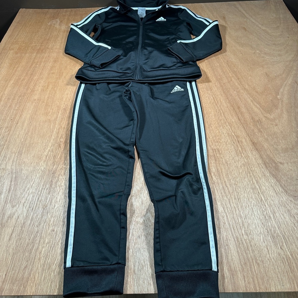 Adidas Tracksuit Kids Size M 10/12 Black White 3-Stripe Zip Jacket Pants Set